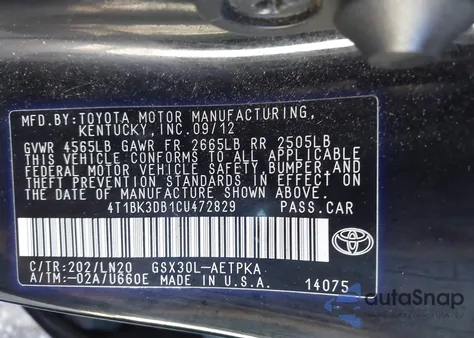 2012 Toyota Avalon Limited from USA, damaged, VIN 4T1BK3DB1CU472829